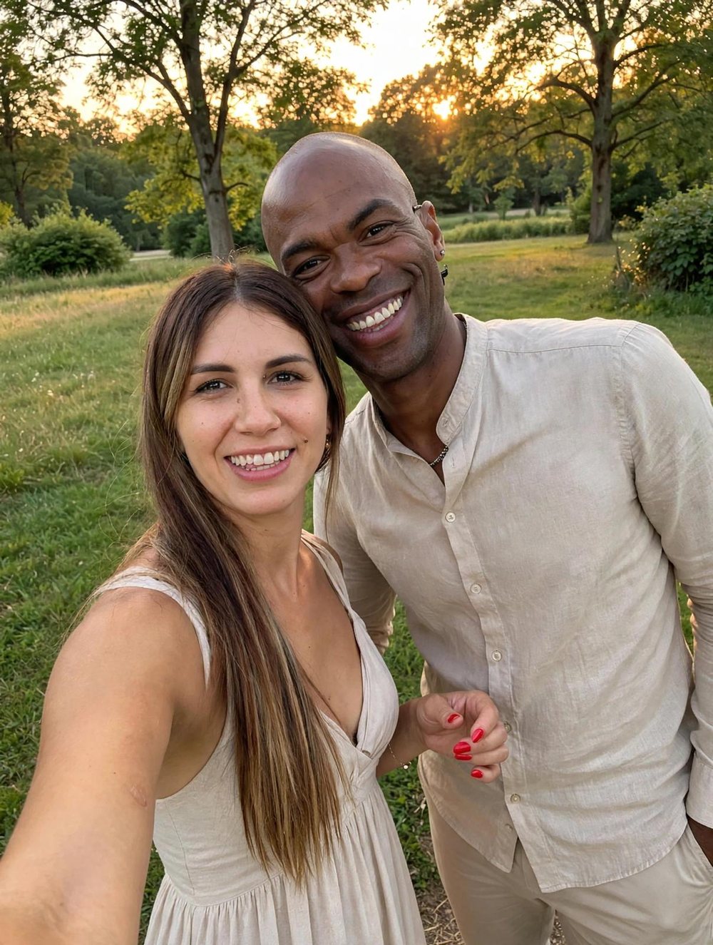 Thyago e Mayara sorridenti al tramonto in un prato